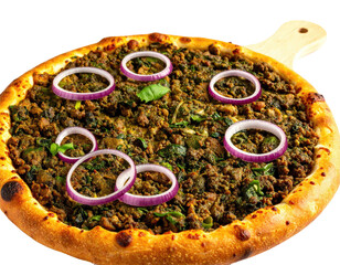 A freshly baked pizza topped with ground meat, onions, and greens on a wooden board