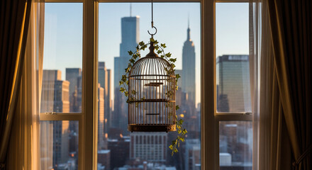Vintage birdcage and ivy silhouette against dramatic New York skyline view.

A striking, centered composition features a vintage wooden birdcage with green ivy draped around it, hanging in front 