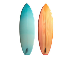 Two surfboards, one teal, one wood-grain, presented against a black background