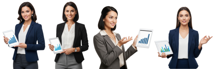 Group of diverse business women showing data on tablet screen isolated on transparent or white background