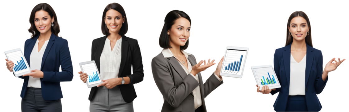 Group of diverse business women showing data on tablet screen isolated on transparent or white background - Powered by Adobe