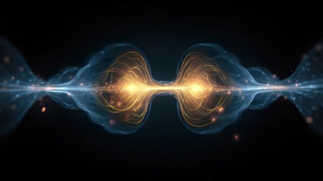 Quantum Entanglement: Illustrating the mysterious connection between subatomic particles in an artistic, energetic display. Focus on a beautiful illustration of an abstract concept.