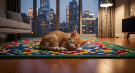 Cozy urban night: Kitten sleeps on rug with city lights view.

A sweet ginger tabby kitten is peacefully curled up and sleeping on a vibrant, geometrically patterned area rug in a modern