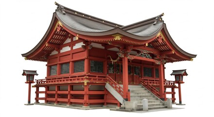 Obraz premium Vibrant red traditional Japanese shrine building majestically stands isolated on a bright clean white background showcasing ancient design