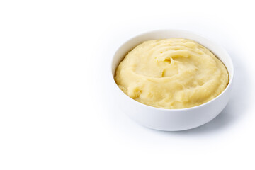Mashed potatoes in white bowl isolated on white background. Copy space