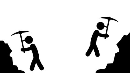 Two workers mine a rock wall together, representing shared labor, cooperation, and endurance in a physically demanding mining task