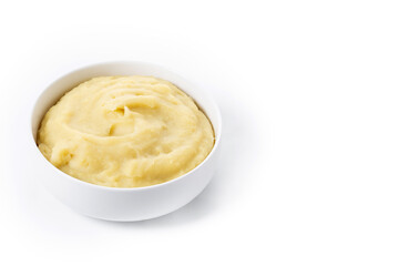 Mashed potatoes in white bowl isolated on white background. Copy space