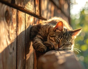 Sleepy cat basking in sunlit wooden wall