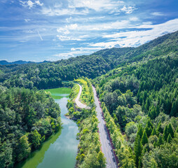 Road winding through a lush green forest alongside a calm river in the countryside.