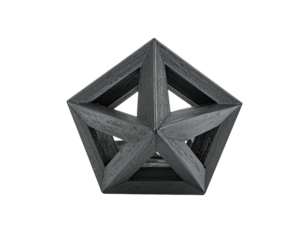 Geometric steel pentagon with star inside, three-dimensional, set against black
