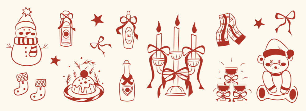 Whimsical Christmas doodle line art festive and holiday icon, red, pink elements illustrations for sale, promotion, branding, labels, posters, cards, invitation, greeting card, social media.