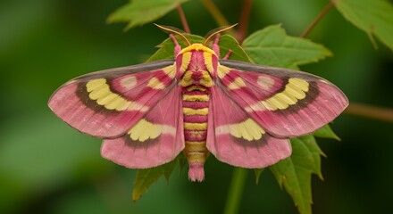 Detailed view of a colorful moth perched on green leaves in natural environment