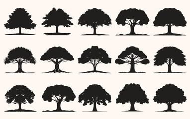 Silhouettes of various tree shapes in two horizontal rows against a light pink background, showcasing different foliage and branch patterns.