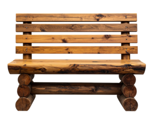 Rustic wooden bench crafted from logs and planks, isolated on black