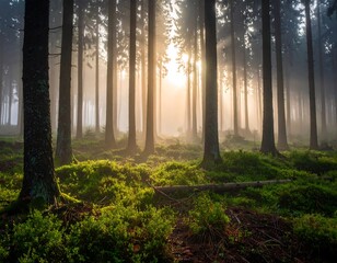 Fototapeta premium Misty forest bathed in golden sunlight