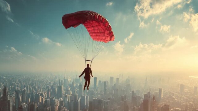 Soaring Above the City: A fearless individual descends from the sky with a vibrant parachute, enjoying a breathtaking aerial view of a bustling cityscape beneath a dramatic sky.