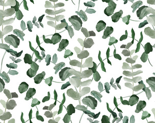 Watercolor eucalyptus seamless pattern. Green foliage seamless background for prints.