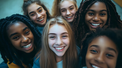 A selfie of cheerful students looking at the camera, laughing, and happy to be back at school with their classmates.