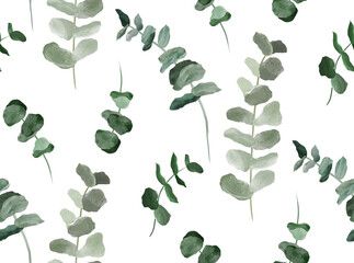 Watercolor seamless pattern with eucalyptus leaves on white background.