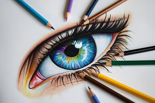 A vibrant eye drawing surrounded by colored pencils on a white canvas surface art piece