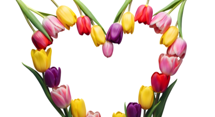 Heart shape made of colorful tulips isolated on transparent background