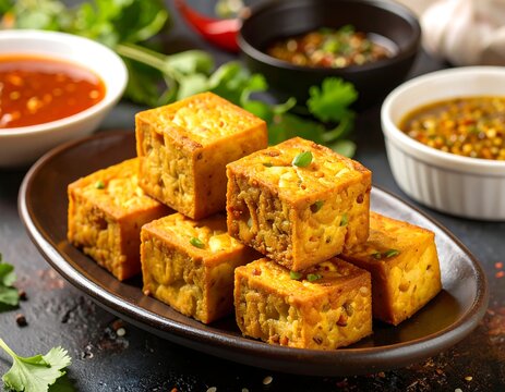 Pan-fried tofu cubes on a dark plate, garnished with herbs, alongside various dipping sauces