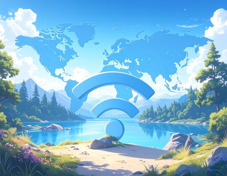 Serene lakeside scene with a global wifi symbol