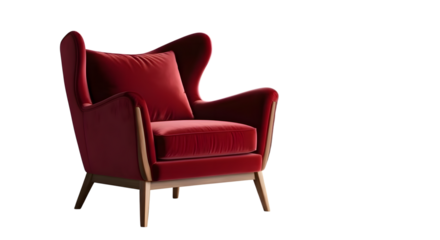 Red velvet wingback armchair with cushion isolated on transparent background
