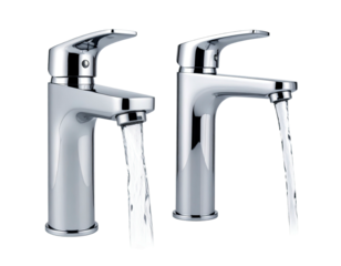 Two chrome bathroom faucets, water flowing from their spouts, black background