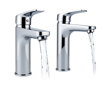 Two chrome bathroom faucets, water flowing from their spouts, black background - Powered by Adobe