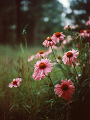 A group of pink echinacea flowers in a natural setting