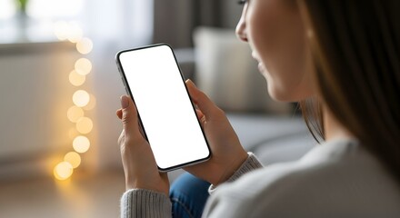 Woman enjoying cozy downtime at home, relaxing with her modern smartphone with blank screen for easy content placement and vibrant social media marketing
