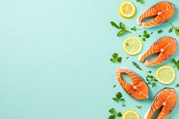 Fresh salmon steaks with lemon slices and herbs on a light blue background close up view