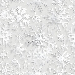 Seamless winter pattern of delicate crystal snowflakes in white and silver colors, elegant holiday design with soft shadows, highly detailed minimalistic style, isolated on transparent background.