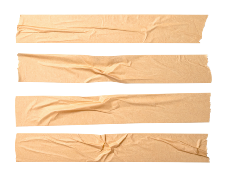 Four strips of beige adhesive tape with torn edges on a black background