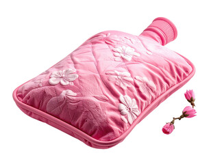 A pink floral hot water bottle with a decorative cover, and small pink flowers