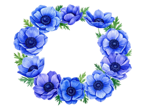 A vibrant, floral wreath composed of blue blossoms and green foliage