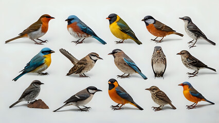 set of birds white background