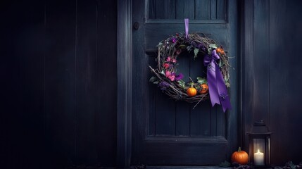 Autumn wreath with purple ribbon and pumpkins on dark door  