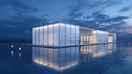 Obraz premium A modern, minimalist building with illuminated walls reflects in water at dusk, under a partly cloudy sky