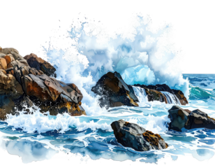 Watercolor painting of a dynamic ocean wave crashing on jagged coastal rocks