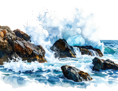 Watercolor painting of a dynamic ocean wave crashing on jagged coastal rocks
