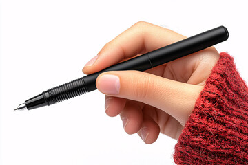 A close-up of a hand holding a black pen, with a textured red sweater visible in the background, perfect for concepts of creativity and writing.
