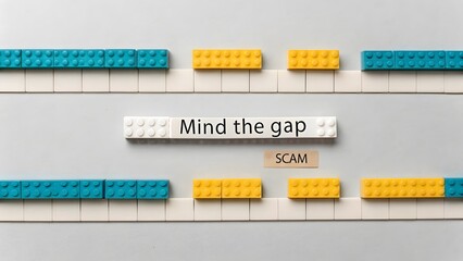Naklejka premium Lego blocks forming parallel lines with Mind the gap and Scam message