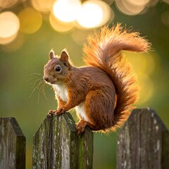 Red squirrel perched on weathered wooden fence post, backlit by warm golden light