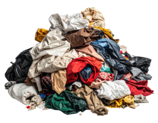 Pile of colorful fabric, various textures, haphazardly arranged, isolated, with shadow