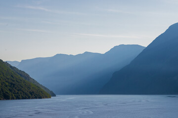 The small Norwegian village of Hellesylt, at the head of the Sunnylvsfjorden, a branch of the Storfjorden and the more famous Geirangerfjord, which is a famous cruise stop for a daytrip in the county