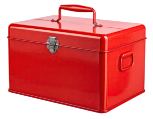 A shiny, red metal toolbox with a handle and latch against a black backdrop
