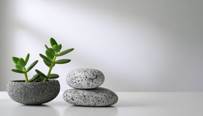 Minimalist Still Life with Green Plant and Stones
