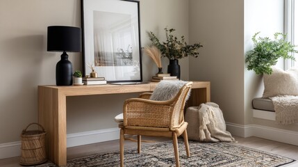 Light-filled home office with a minimalist aesthetic features a long wooden desk, woven chair, black lamp, framed print, and neutral-toned rug and textiles, situated near a window seat